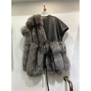 ChicSense Women OS Real Fox Fur Genuine Sheepskin Leather Loose Leisure Coat NWT